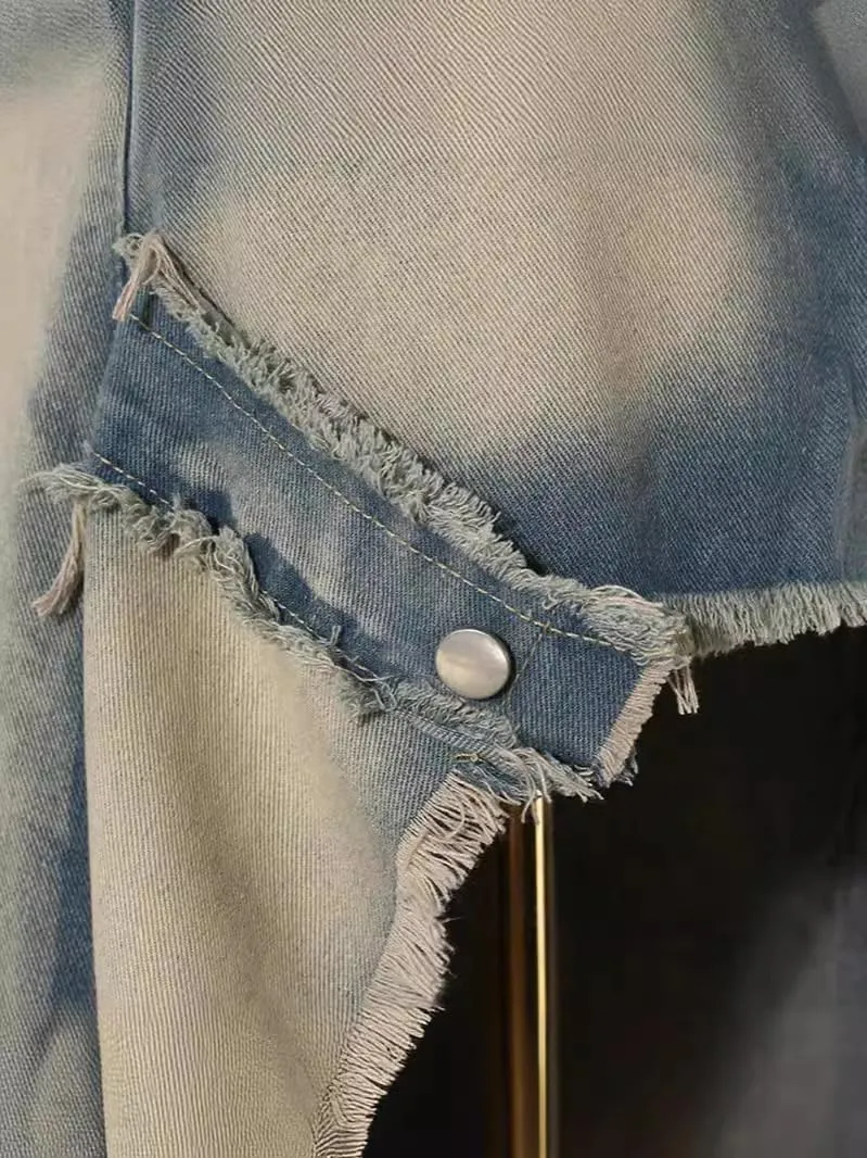 Y2k High Slit Maxi Skirt for Women Burrs Edge High Waisted Patchwork Denim Long Skirt Streetwear Club Dress