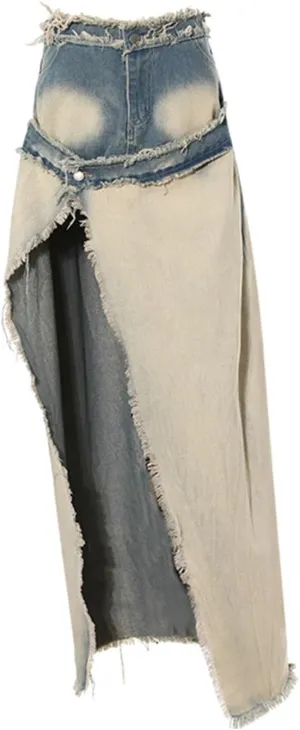 Y2k High Slit Maxi Skirt for Women Burrs Edge High Waisted Patchwork Denim Long Skirt Streetwear Club Dress