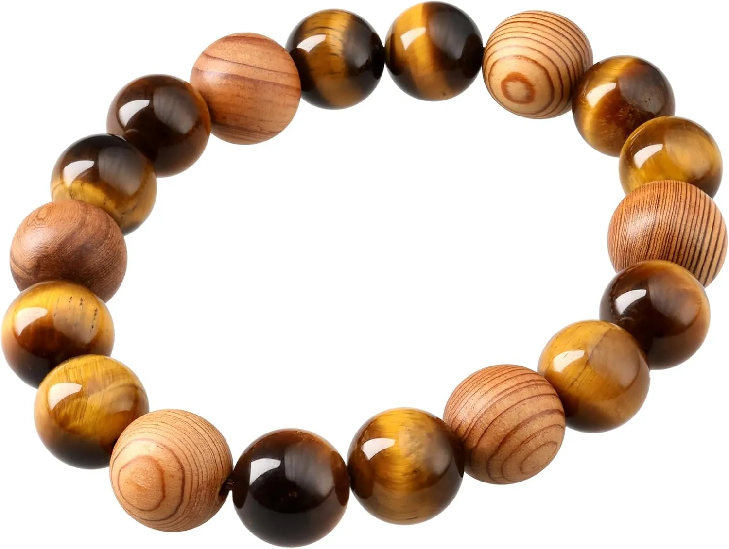 Yakushima Cedar Surface Treated Beads 12mm Tiger Eye Stones Beaded Bracelet Wrist Size 7.5"