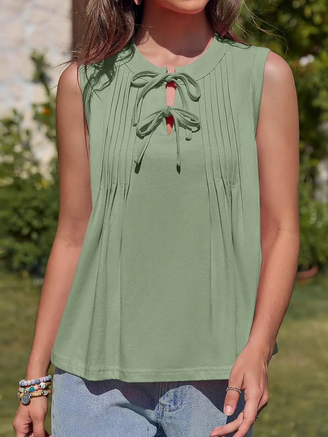 Yousify Womens Sleeveless Tank Tops Casual Tie Front Crewneck Pleated Shirts Summer Loose Fit Flowy Tops