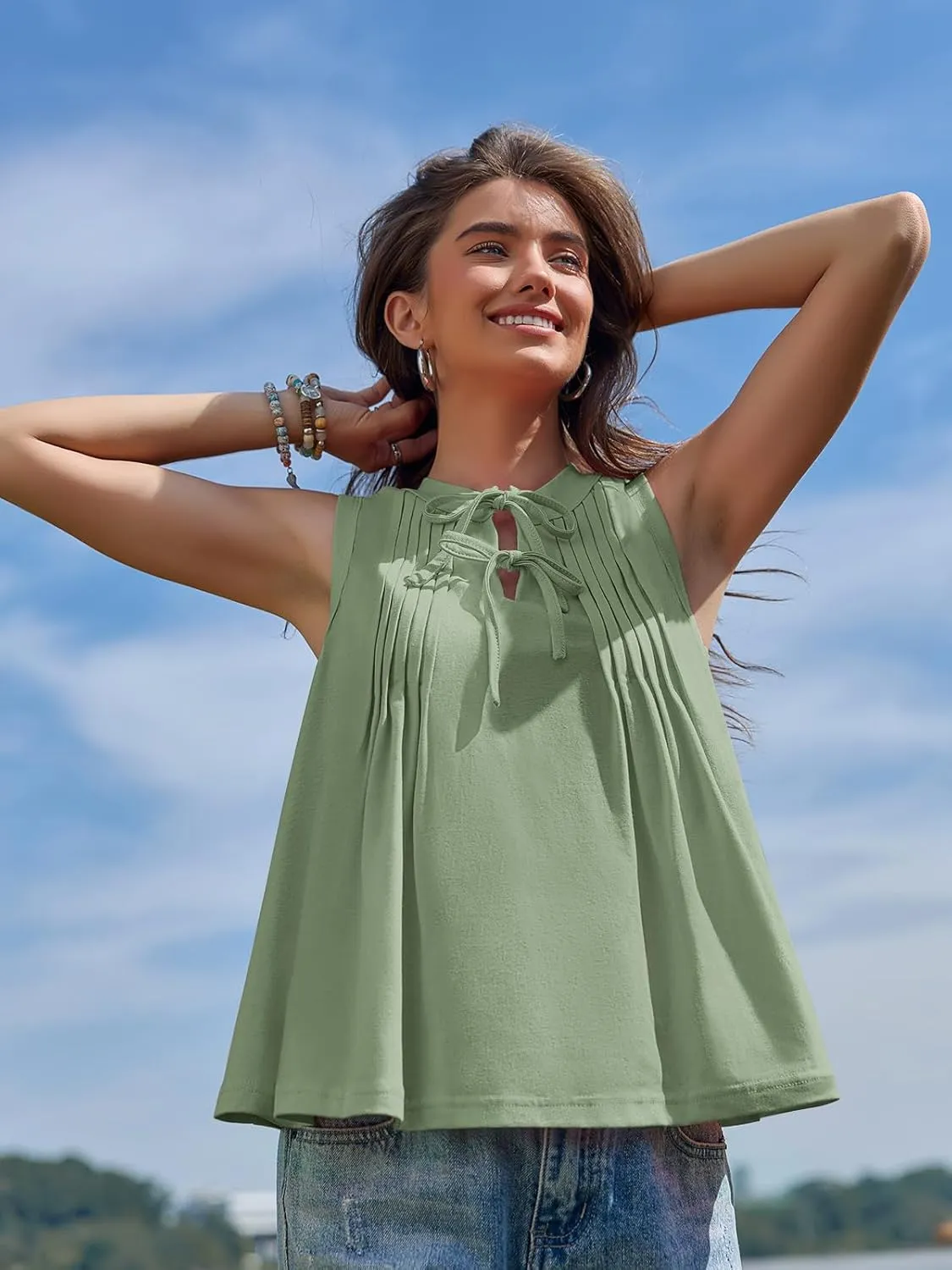 Yousify Womens Sleeveless Tank Tops Casual Tie Front Crewneck Pleated Shirts Summer Loose Fit Flowy Tops