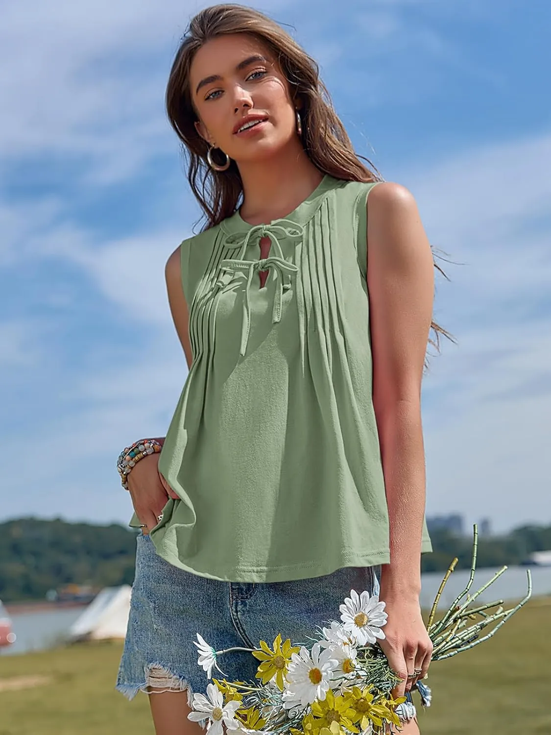 Yousify Womens Sleeveless Tank Tops Casual Tie Front Crewneck Pleated Shirts Summer Loose Fit Flowy Tops