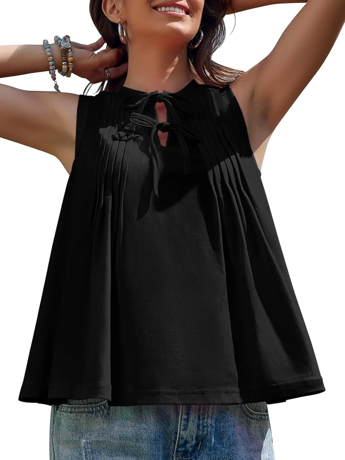 Yousify Womens Sleeveless Tank Tops Casual Tie Front Crewneck Pleated Shirts Summer Loose Fit Flowy Tops