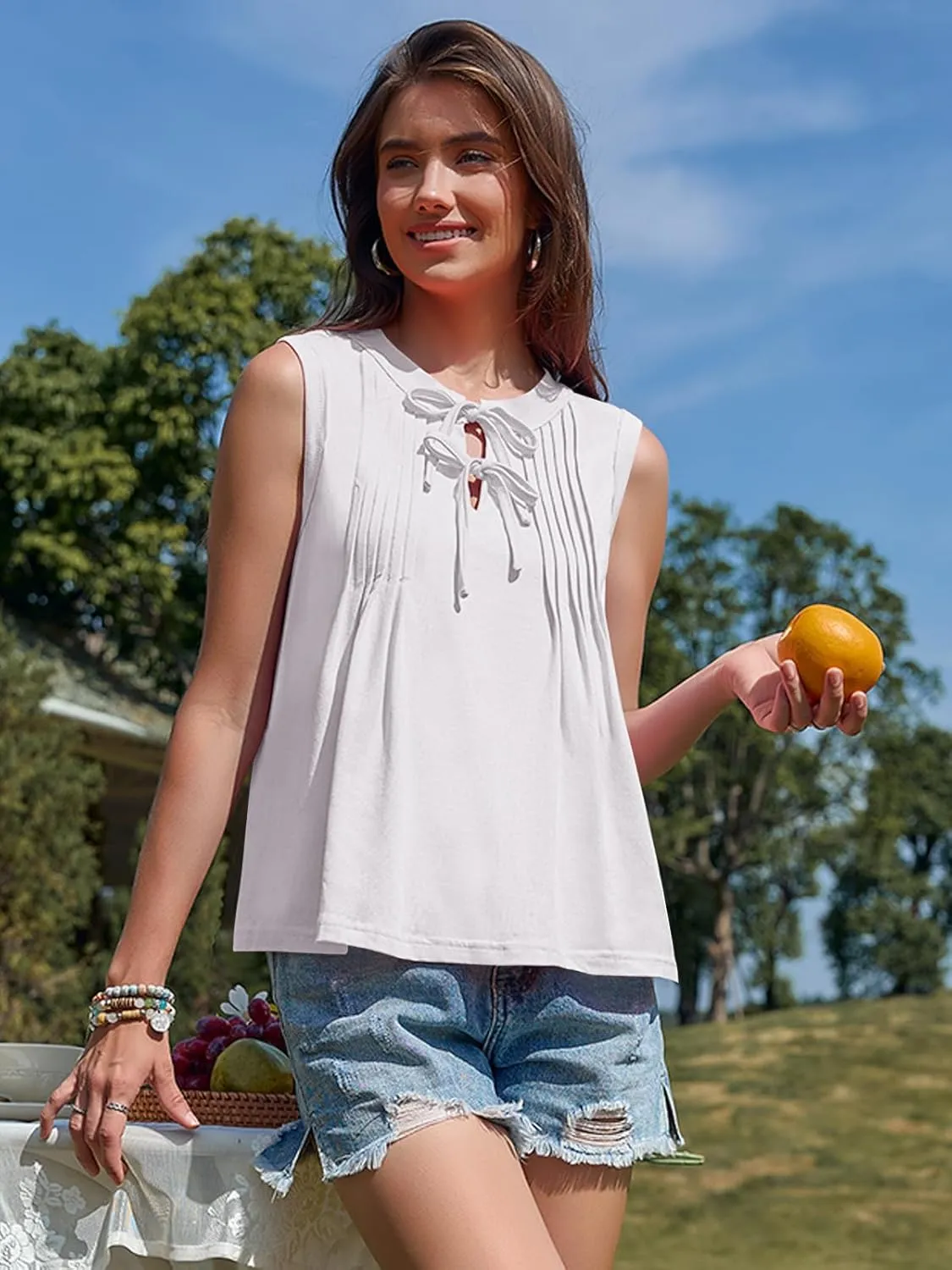 Yousify Womens Sleeveless Tank Tops Casual Tie Front Crewneck Pleated Shirts Summer Loose Fit Flowy Tops