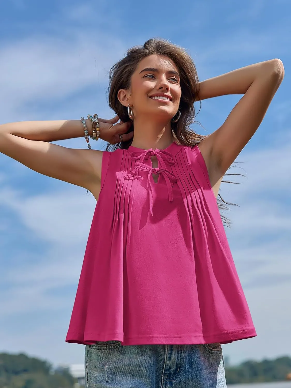 Yousify Womens Sleeveless Tank Tops Casual Tie Front Crewneck Pleated Shirts Summer Loose Fit Flowy Tops