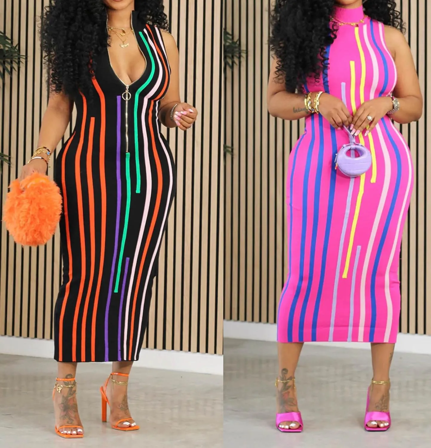 Yuopeid Women's Casual Turtleneck Stripe Sleeveless Printed Slim Fit Bodycon Party Midi Dress