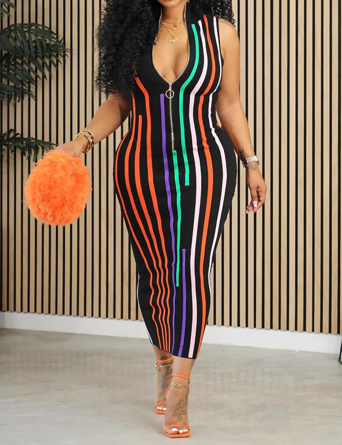 Yuopeid Women's Casual Turtleneck Stripe Sleeveless Printed Slim Fit Bodycon Party Midi Dress
