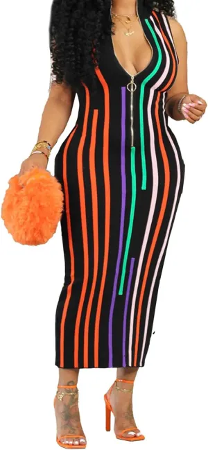 Yuopeid Women's Casual Turtleneck Stripe Sleeveless Printed Slim Fit Bodycon Party Midi Dress