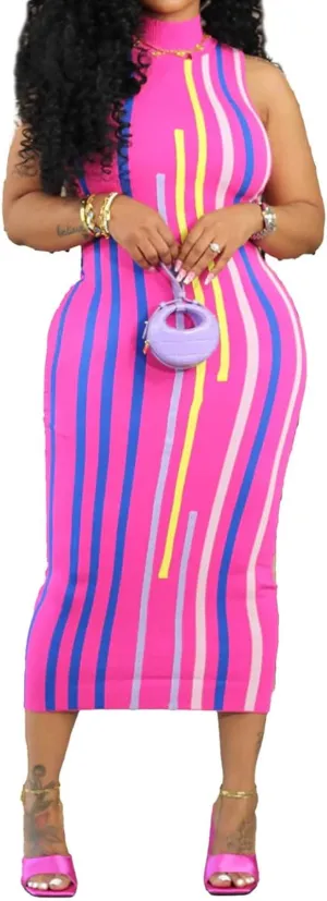 Yuopeid Women's Casual Turtleneck Stripe Sleeveless Printed Slim Fit Bodycon Party Midi Dress