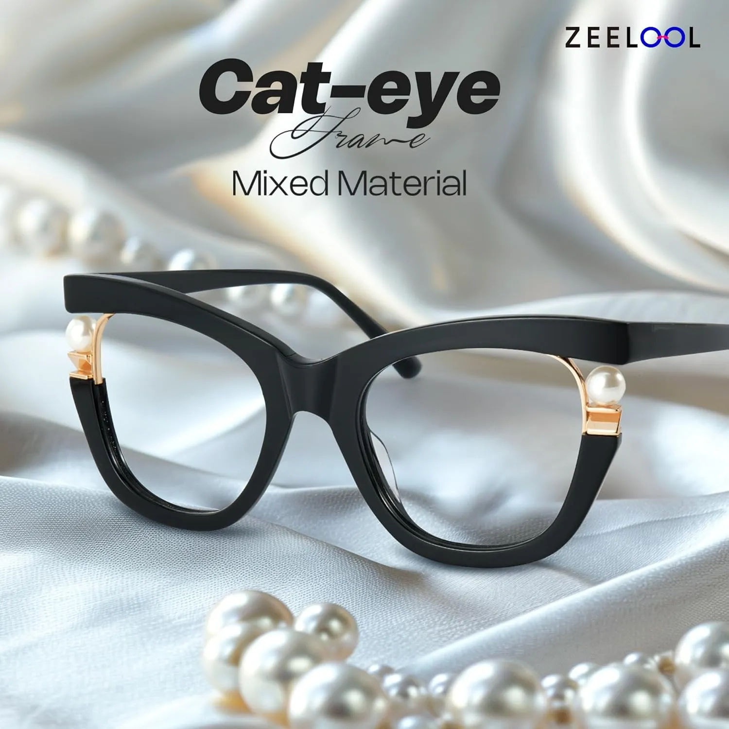 Zeelool Stylish Cat Eye Pearl Glasses Frame Women with Non-prescription Clear Lens ZJGX957054