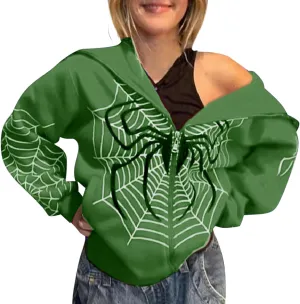 Zip Up Hoodie Women Spider Web Heart Print Graphic Sweatshirts Loose Casual Long Sleeve Hooded Jacket Top with Pocket