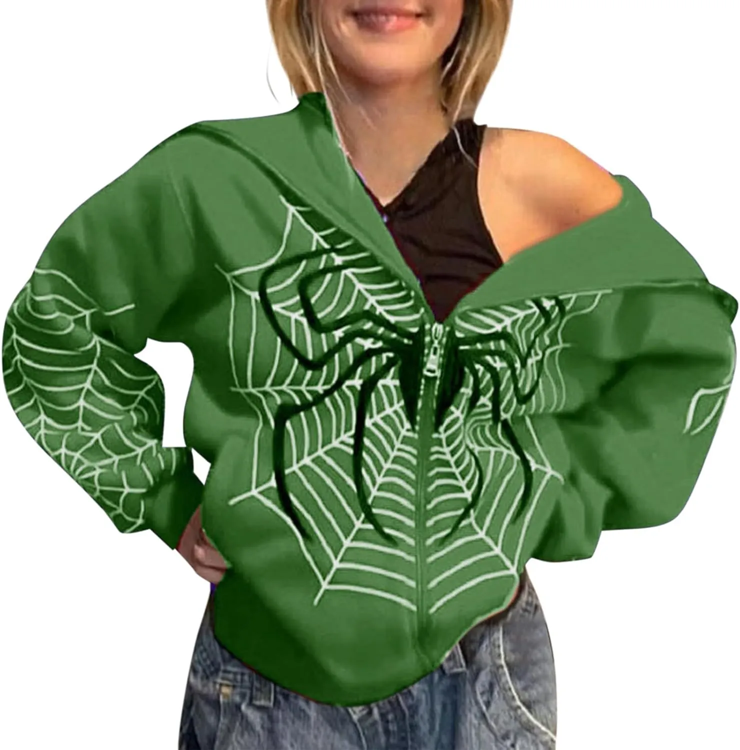 Zip Up Hoodie Women Spider Web Heart Print Graphic Sweatshirts Loose Casual Long Sleeve Hooded Jacket Top with Pocket