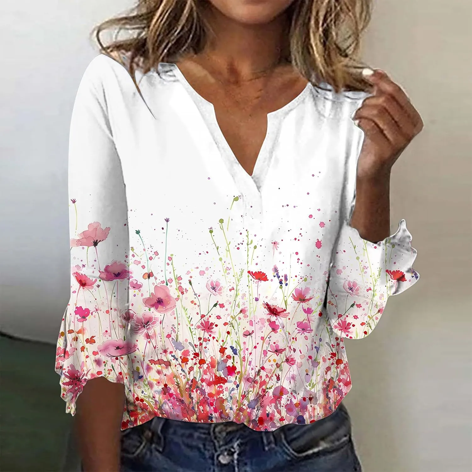ZOCANIA Womens Tops 3/4 Sleeve Shirts Boho Floral Print Summer Blouses for Women Dressy Casual Loose V Neck Graphic Tee