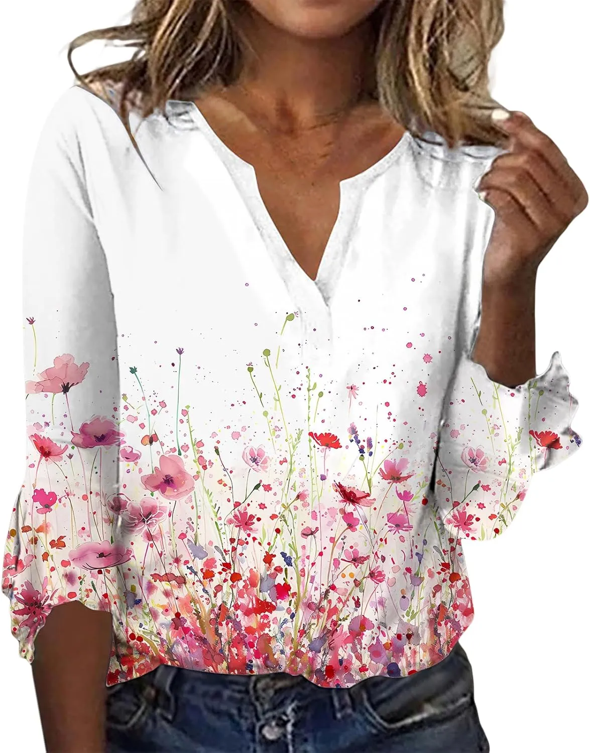 ZOCANIA Womens Tops 3/4 Sleeve Shirts Boho Floral Print Summer Blouses for Women Dressy Casual Loose V Neck Graphic Tee