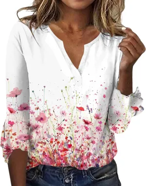 ZOCANIA Womens Tops 3/4 Sleeve Shirts Boho Floral Print Summer Blouses for Women Dressy Casual Loose V Neck Graphic Tee