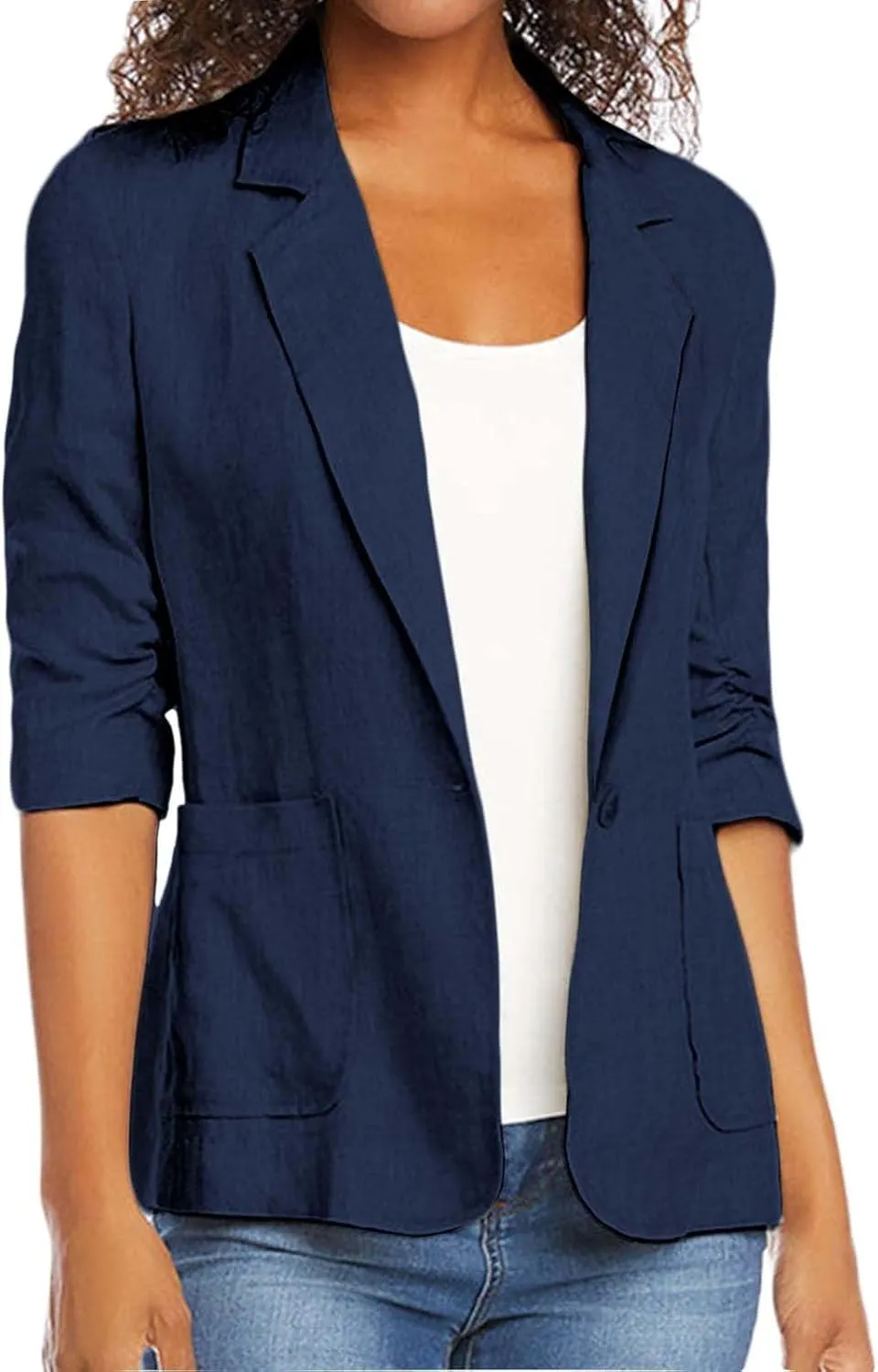 ZWRXW Womens Casual Blazers 3/4 Stretchy Ruched Sleeve Jackets Button Down Lapel Blazer Suit Business Work Office Jackets