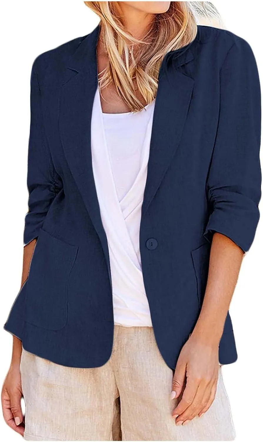 ZWRXW Womens Casual Blazers 3/4 Stretchy Ruched Sleeve Jackets Button Down Lapel Blazer Suit Business Work Office Jackets
