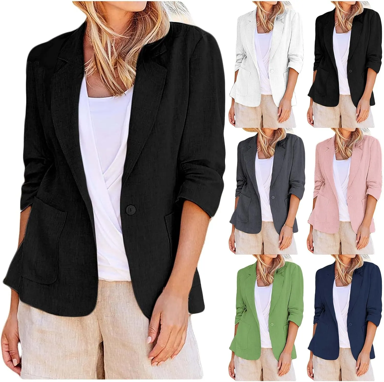 ZWRXW Womens Casual Blazers 3/4 Stretchy Ruched Sleeve Jackets Button Down Lapel Blazer Suit Business Work Office Jackets